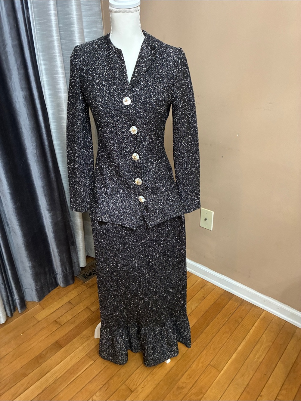 St. John Black Tweed Jacket and Maxi Skirt with Flared Hem